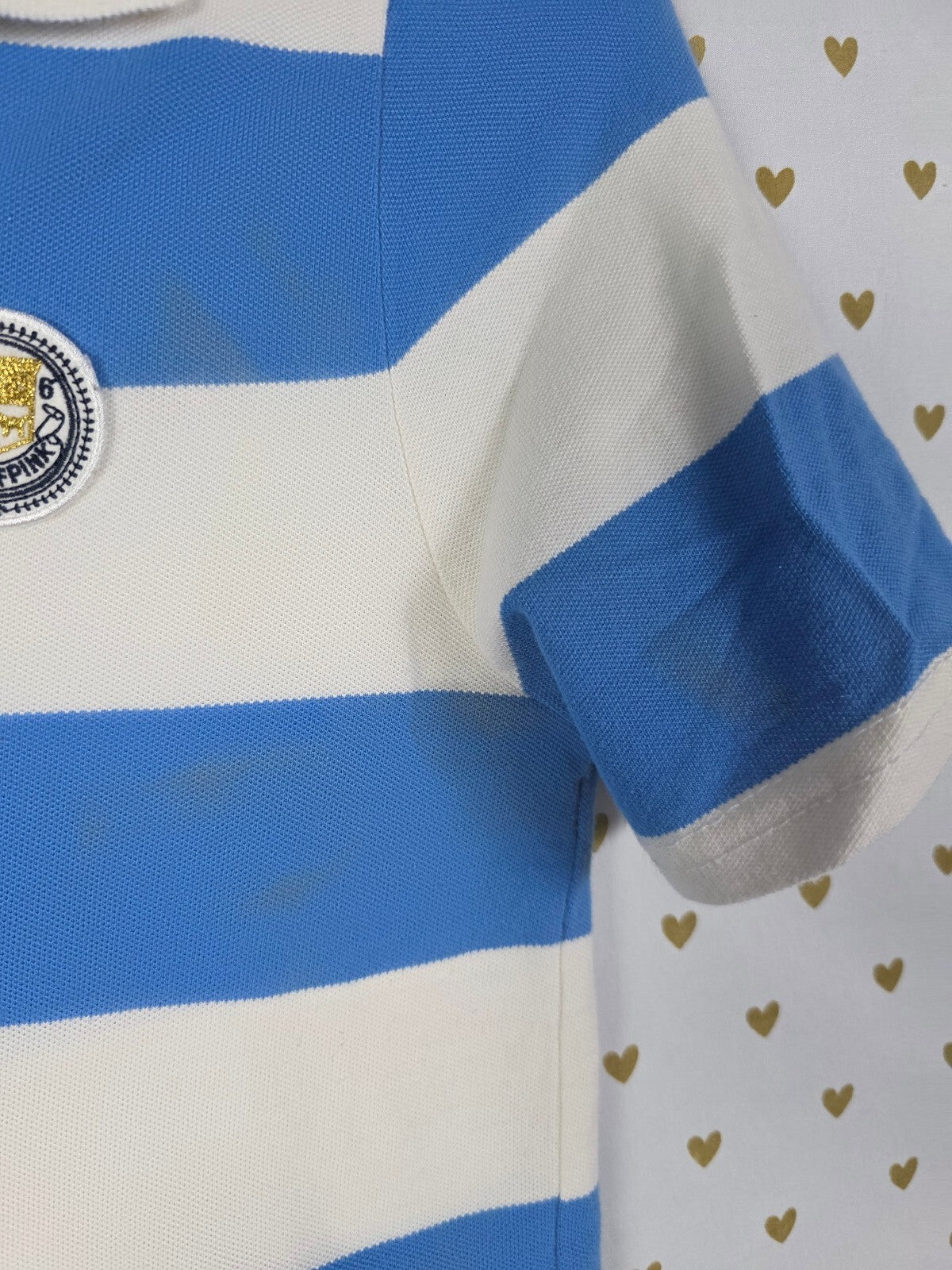 Victoria's Secret PINK Polo Shirt M Blue White Stripe Crest Gold Dog Preppy