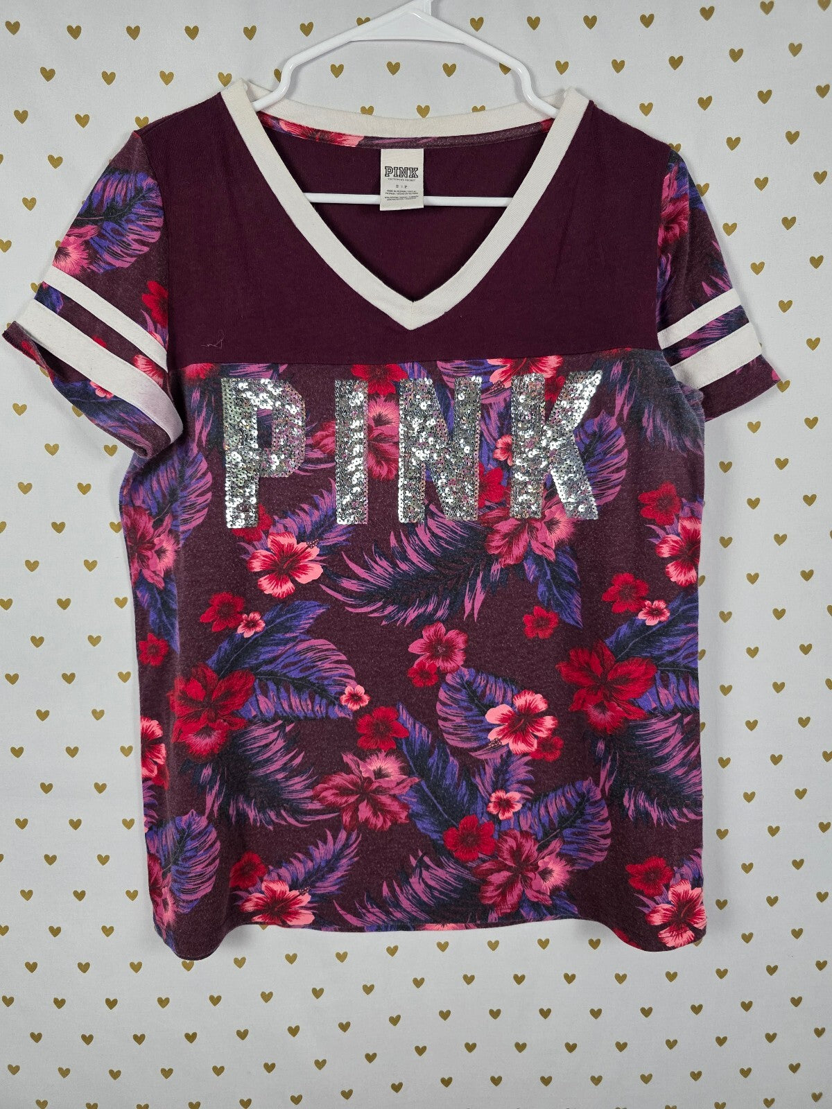 Victorias Secret PINK Hibiscus BLING Logo V neck Tee shirt SMALL