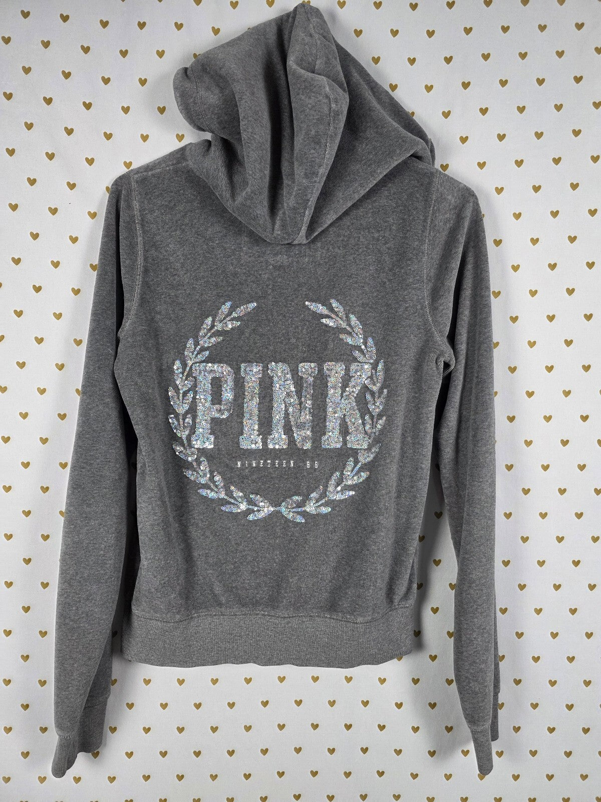 Victorias Secret Pink Velour Crest Bling Full zip hoodie jacket Grey Small