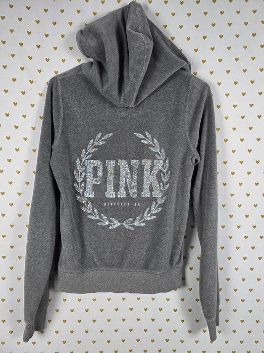 Victorias Secret Pink Velour Crest Bling Full zip hoodie jacket Grey Small