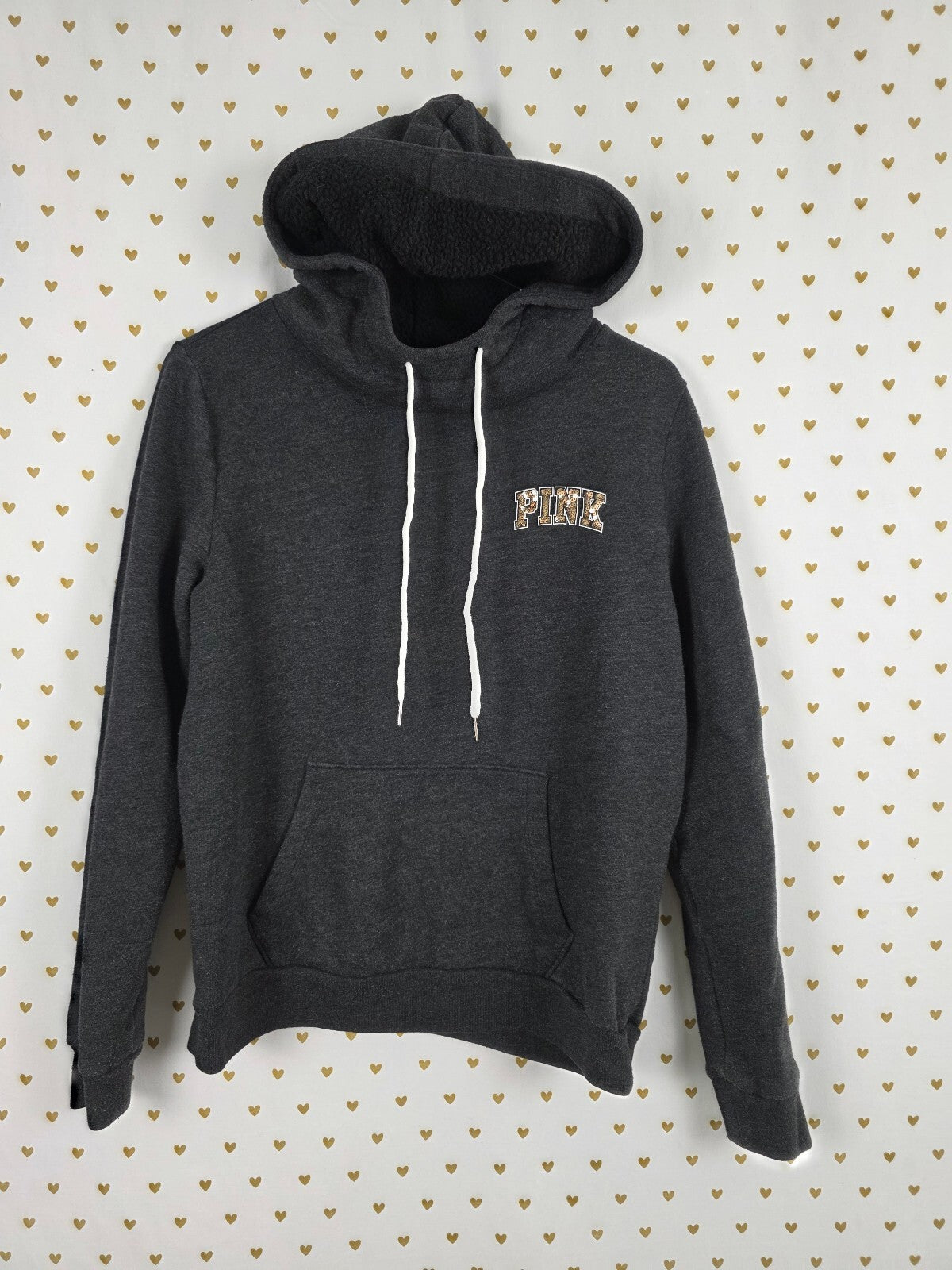 Victorias Secret Pink Gold Bling Sherpa Hood Pullover Sweater Hoodie Large