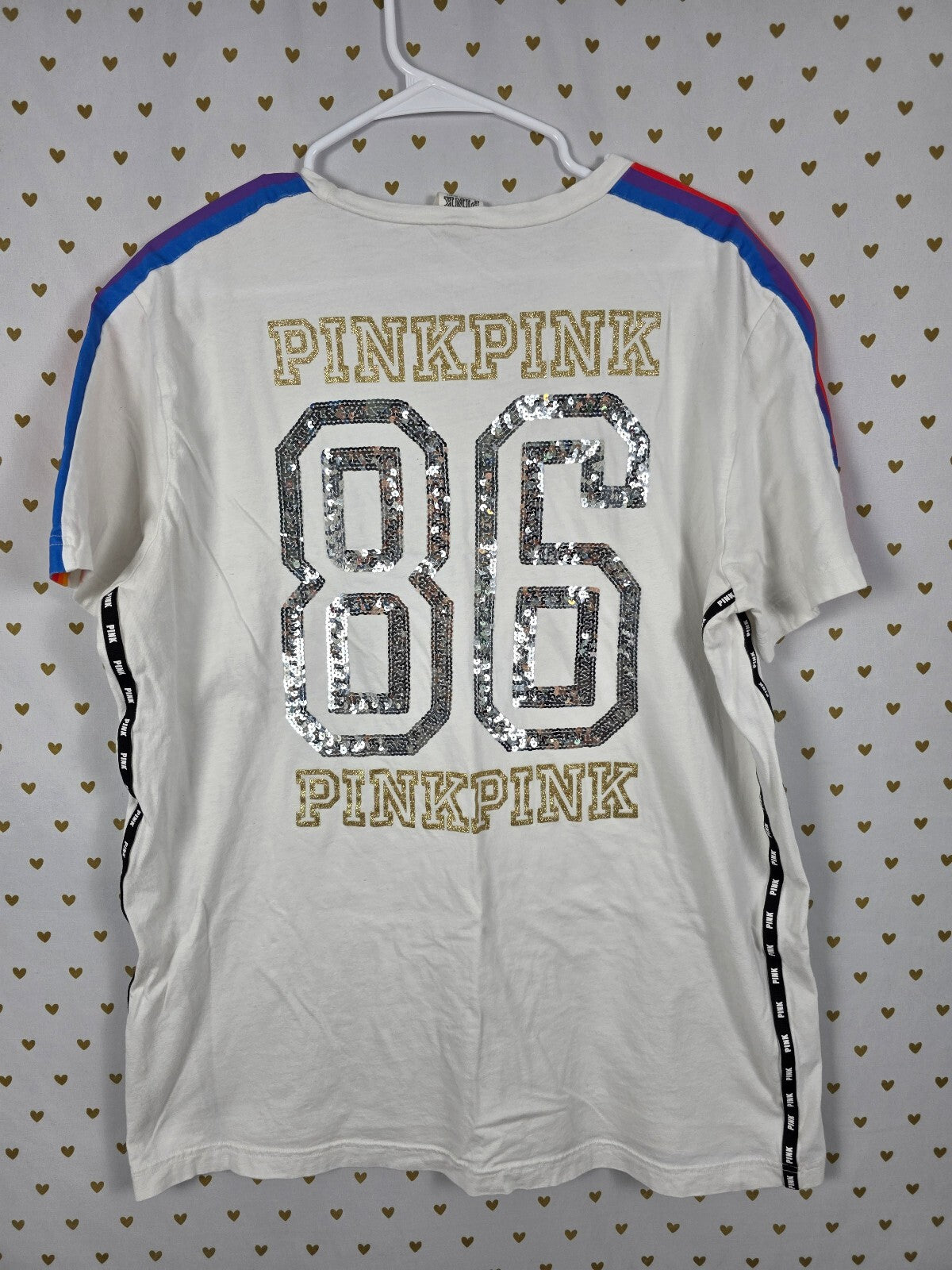 Victorias Secret PINK HTF Bling Sequined 86 White Tee Shirt Silver XL