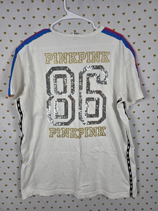 Victorias Secret PINK HTF Bling Sequined 86 White Tee Shirt Silver XL
