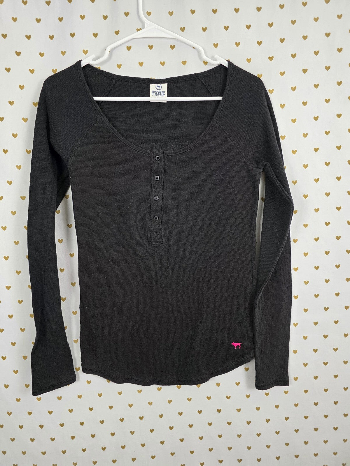 Victoria’s Secret PINK LOVE PINK Sequin Thermal Henley Top L Black Y2K