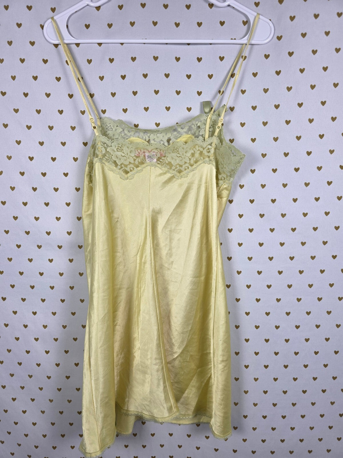 Victorias Secret Vintage Medium Yellow Lace Lined SLIP DRESS '05 Satin Silky