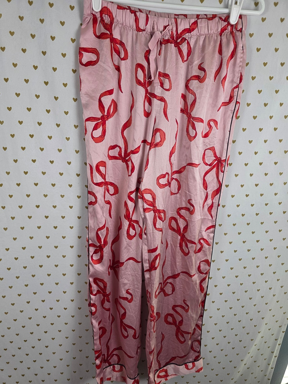 Victorias Secret Satin Bows Sleep Set 2pc Button Down Shirt Pants Small Pink