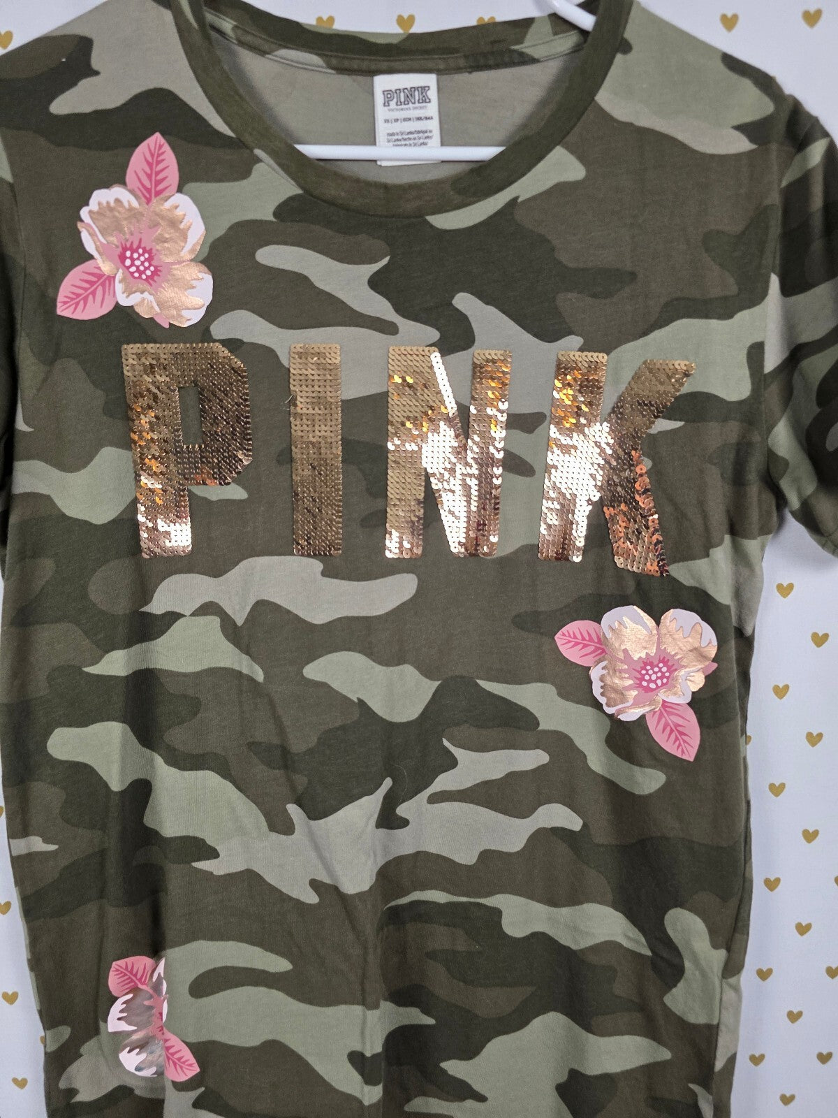 Victorias Secret PINK Gold Bling Camo Camouflage Tee shirt Floral XS