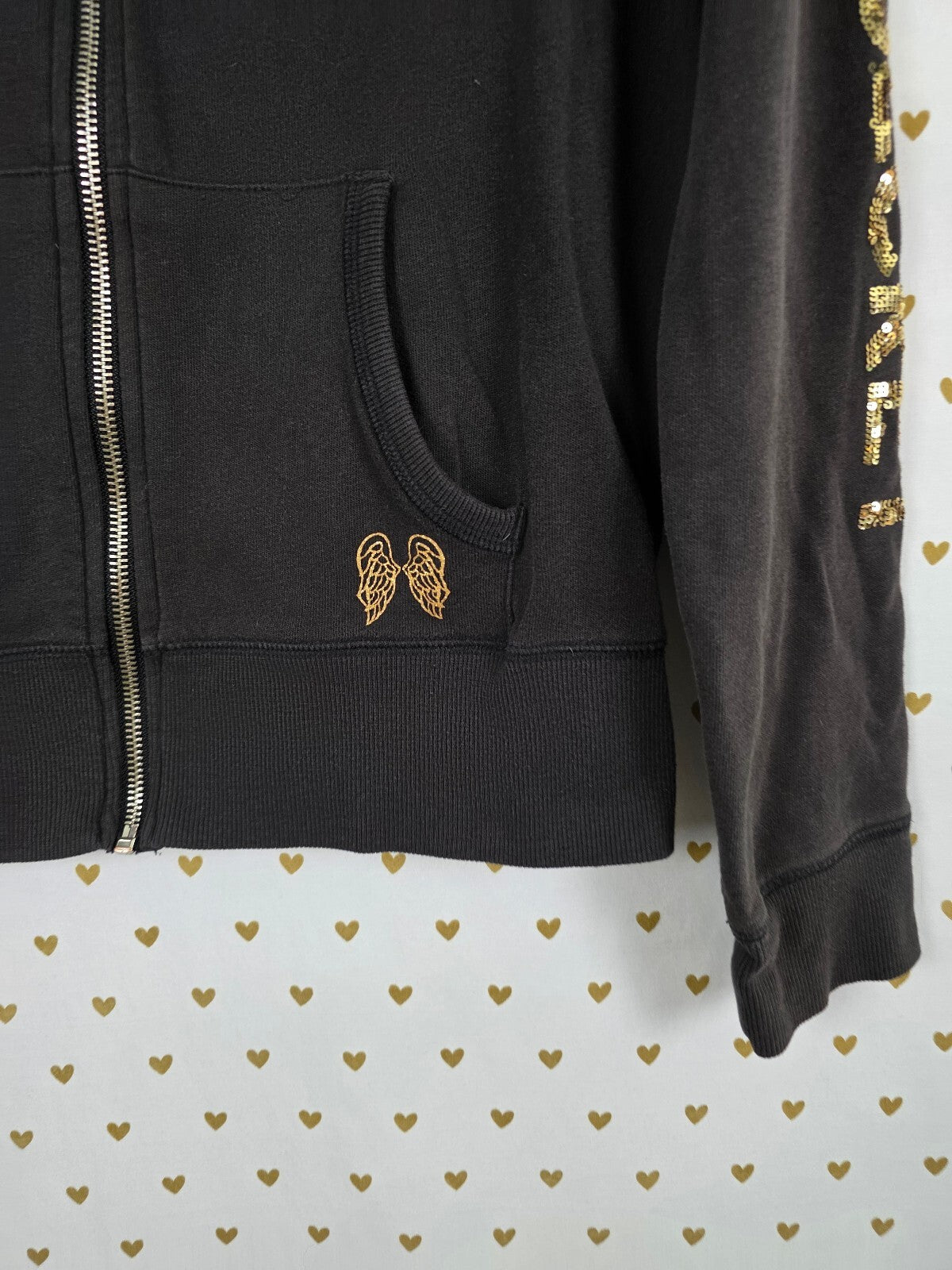 Victorias Secret Angels Gold Bling Sequined Logo Full ZIp Hoodie jacket Large