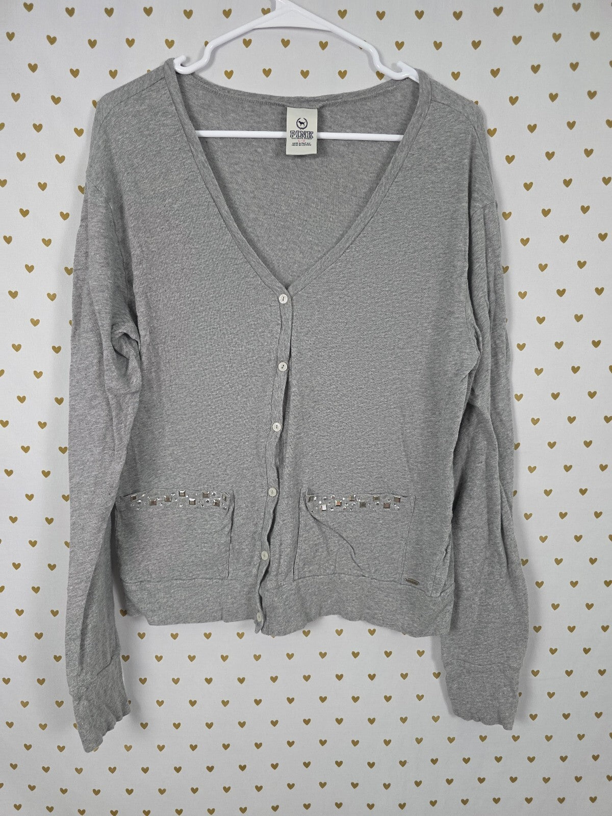 Victorias Secret Pink Vintage y2k Bling Button Front Studded Cardigan Sweater L
