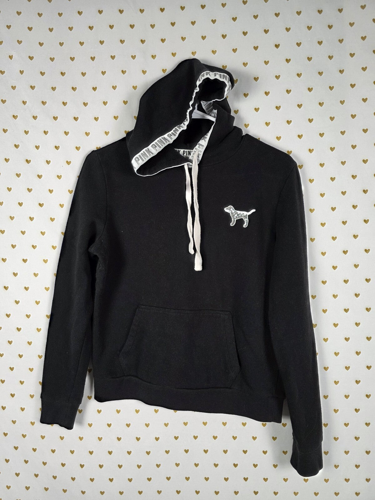Victorias Secret Pink Dog Logo BLING Sequined Hooded Sweater Pullover Small