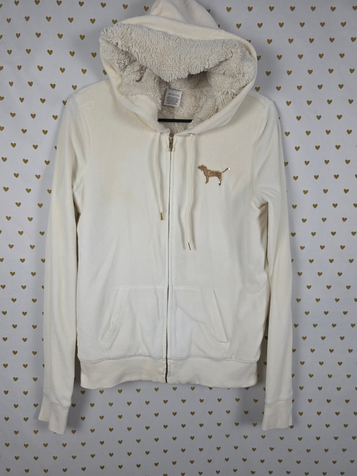 Victorias Secret Pink Vintage Y2k BLING gold Velour Hoodie Jacket FUR LINED SM