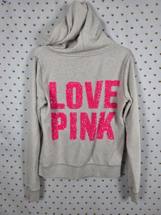 Victoria's Secret PINK Vintage Sequin LOVE PINK Hoodie Gray Neon Speckle M