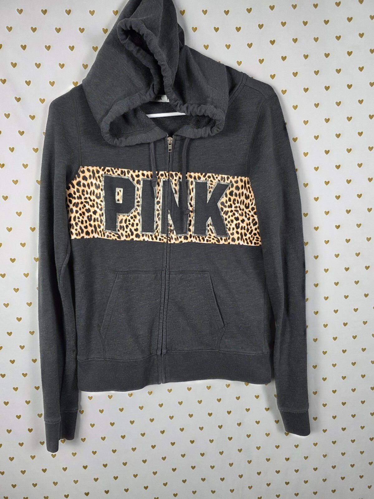 Victorias Secret Pink Vintage Cheetah Leopard Full ZIp Hoodie jacket SMALL grey