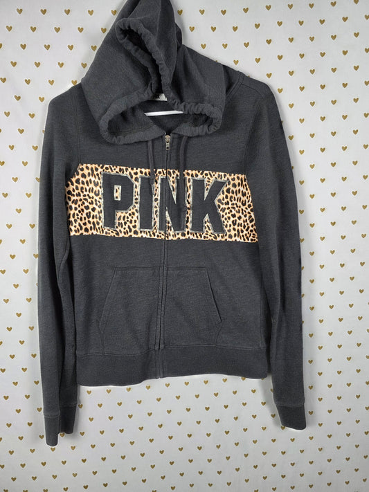 Victorias Secret Pink Vintage Cheetah Leopard Full ZIp Hoodie jacket SMALL grey