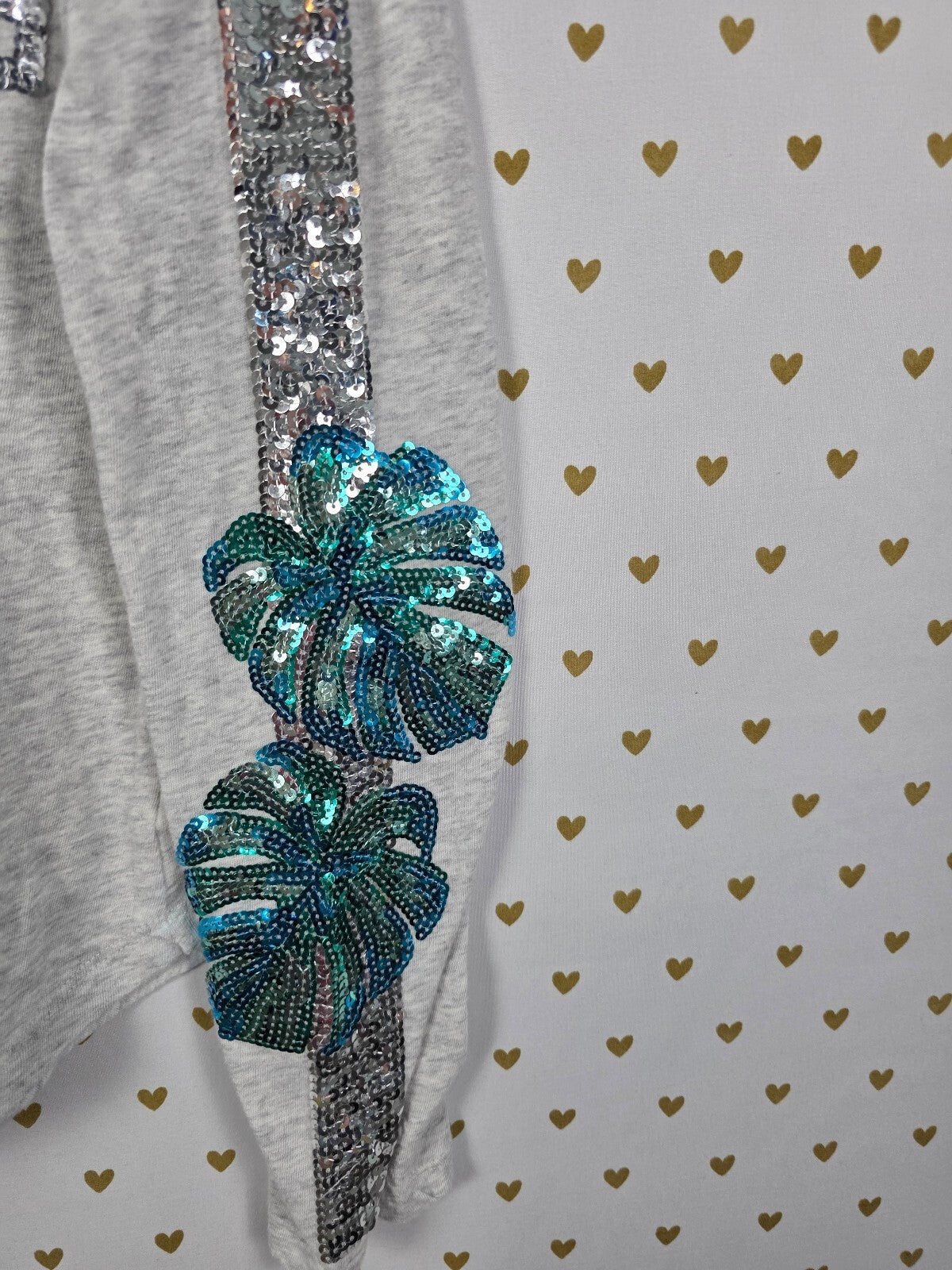PINK Victoria's Secret Silver Sequin Tropical Leaf Bling Shirt XS Gray