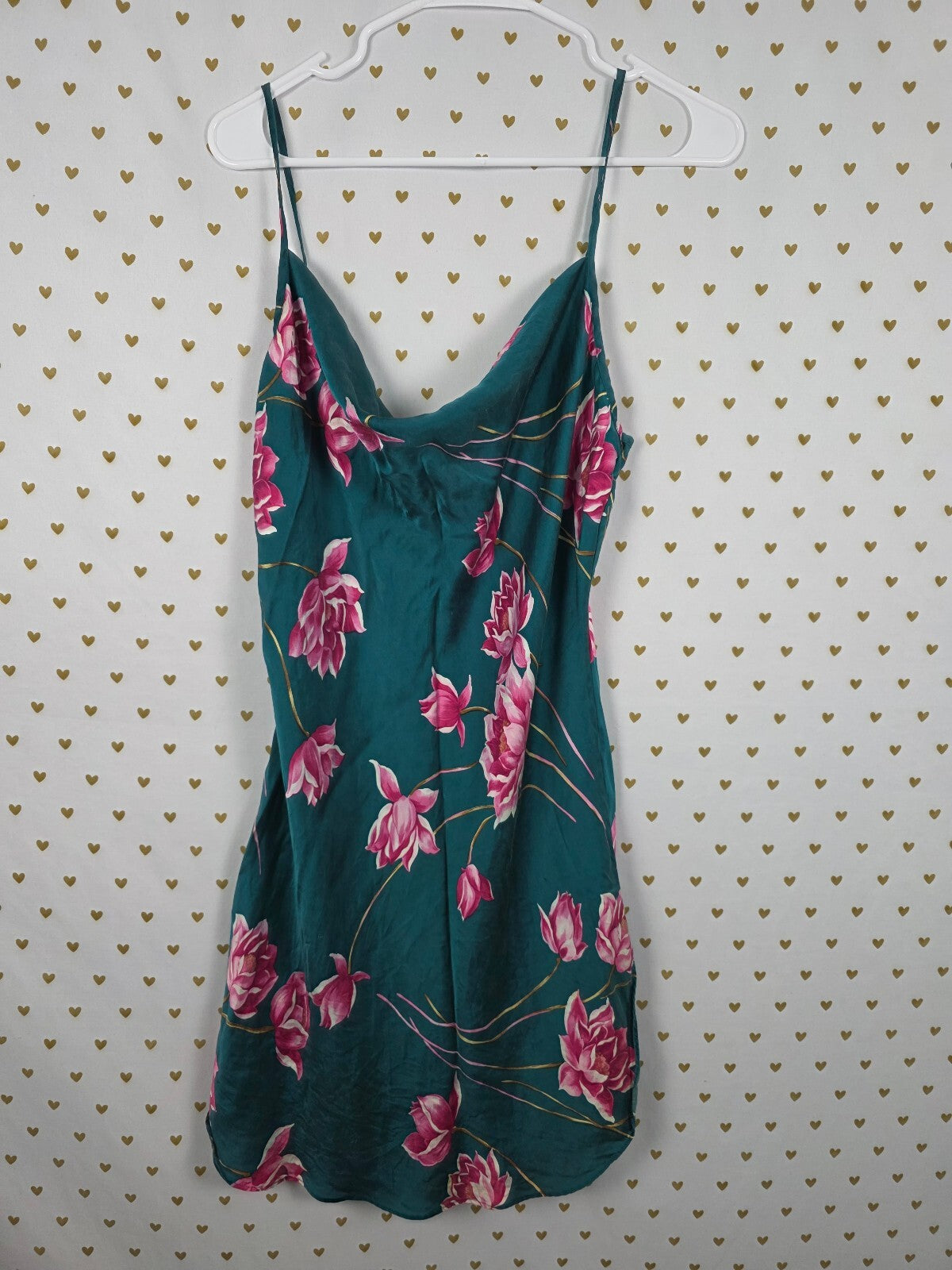 Victoria's Secret Gold Label 100% Silk Floral Slip Dress Nightgown M Teal