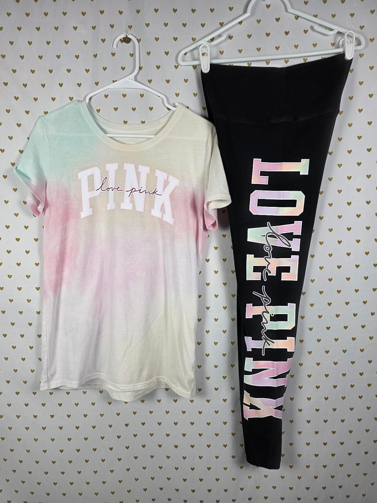 Victorias Secret PINK Watercolor Logo yoga Pants & Tee shirt SET MEDIUM Tye Dye