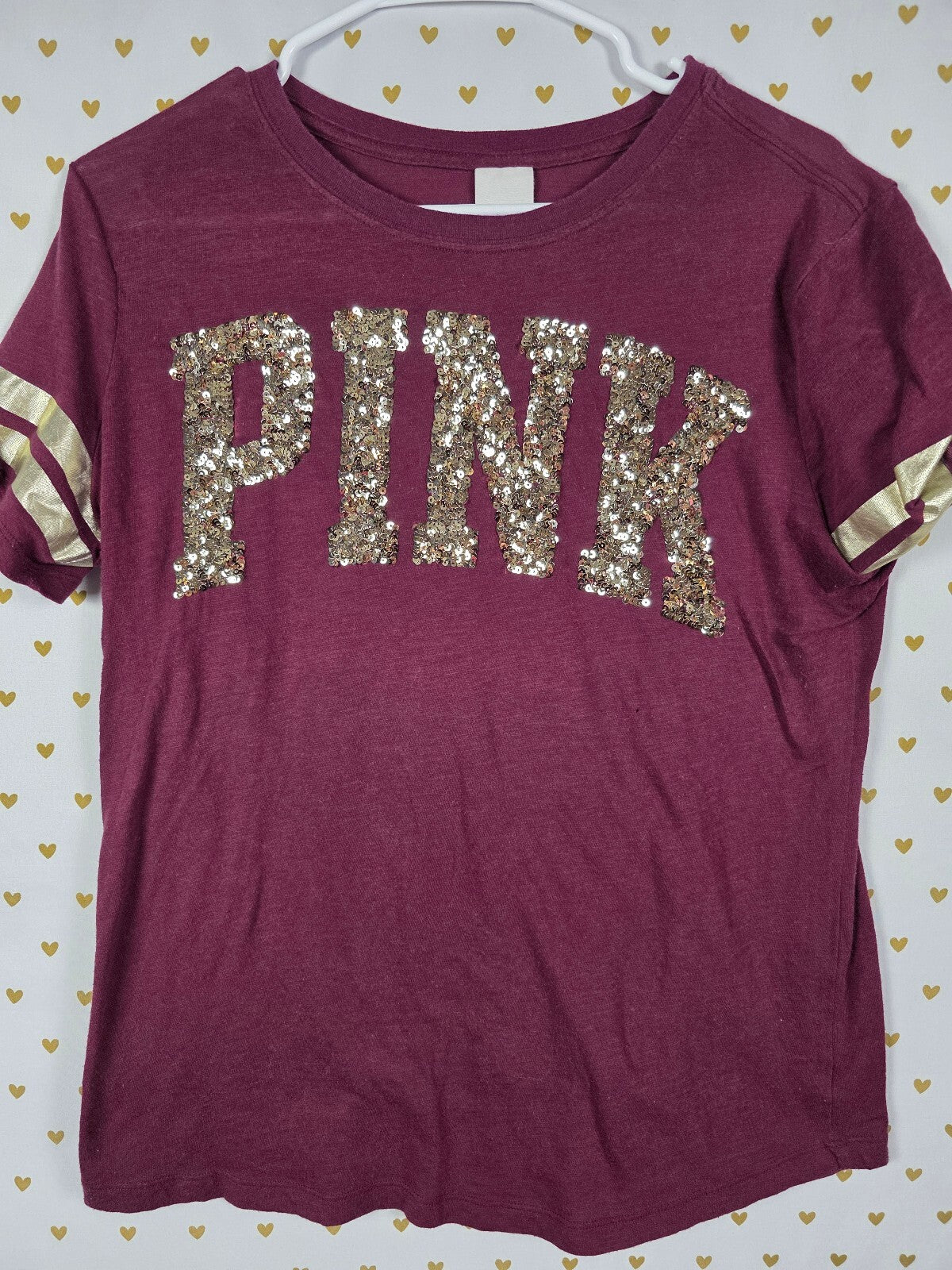 Victorias Secret PINK Maroon Gold BLING Tee shirt MEDIUM
