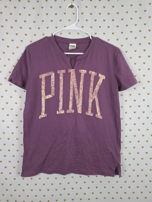 Victorias Secret PINK Bling Logo Short Sleeve V Neck Shirt XS