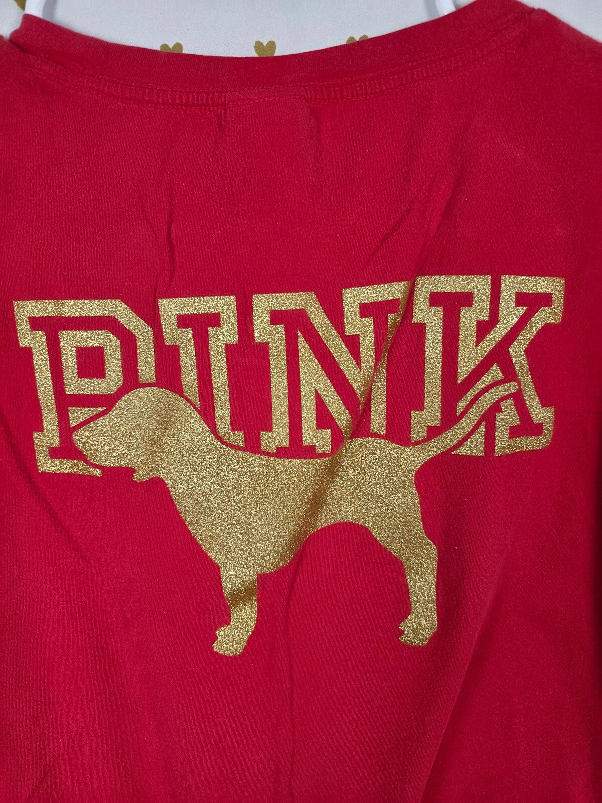 Victorias Secret PINK Gold Glitter Red Pocket Tee shirt XL