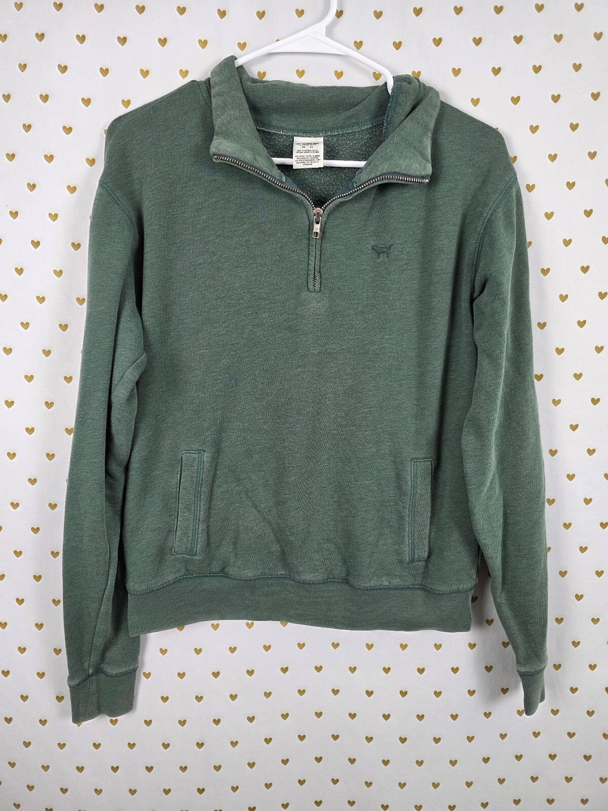 Victorias Secret Pink Green Crest Embroidered Quarter ZIp Sweater Shirt XS