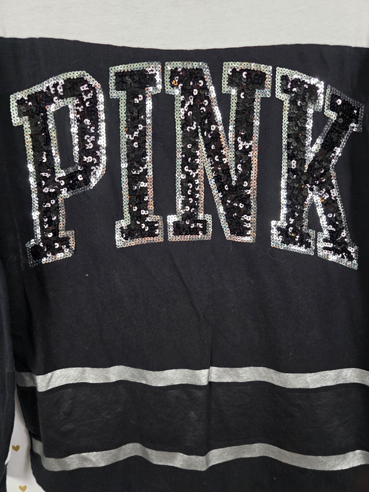 Victorias Secret PINK Logo BLING Long sleeve Colorblock Tee shirt XS
