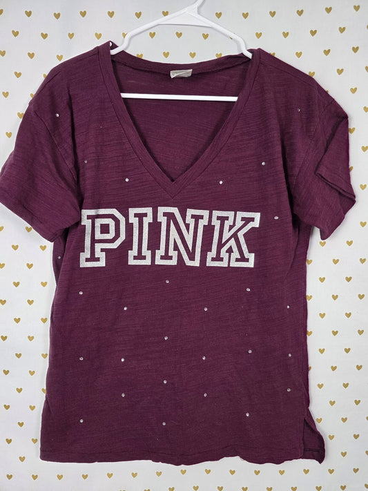 Victorias Secret PINK Bling V neck Studded Rhinestone Logo Maroon Tee Shirt XS