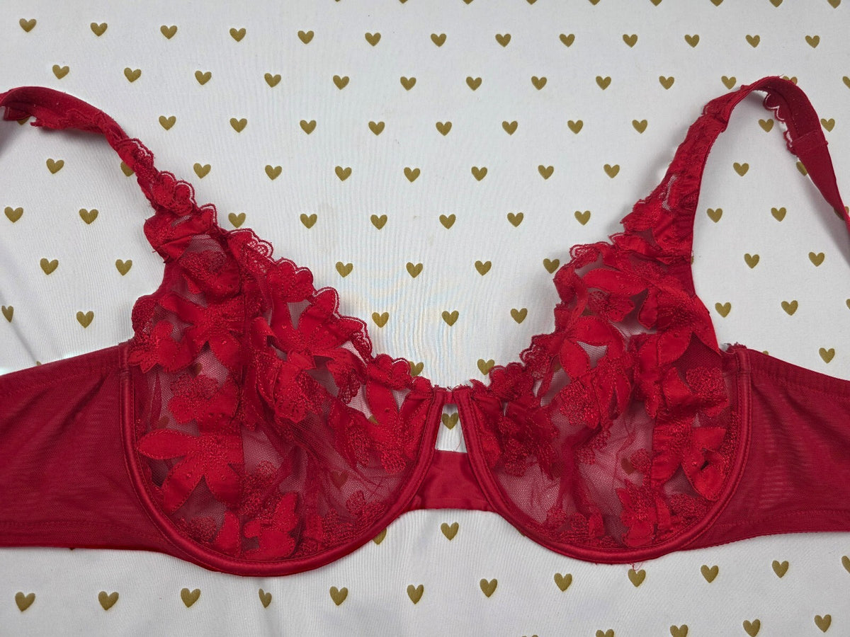 Victorias Secret Red Unlined Floral Demi Balconette Bra 40DD