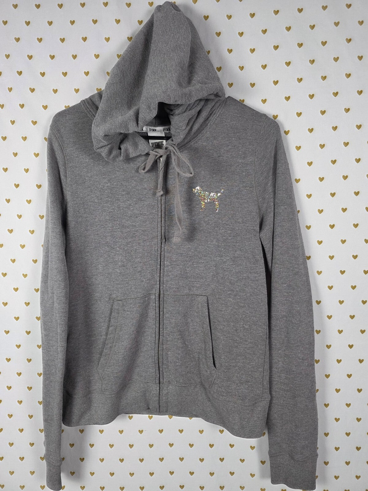 Victoria's Secret PINK Gray Sequin Love Pink Full Zip Hoodie Dog Logo Medium