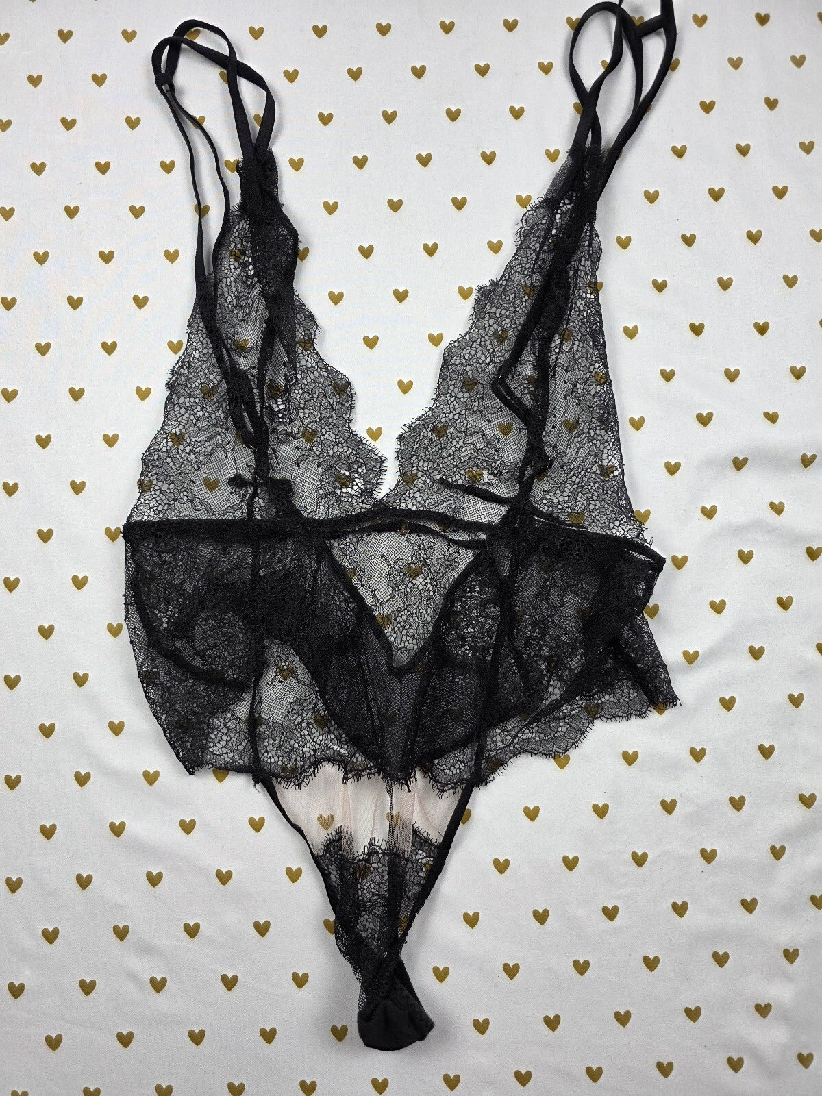 Victorias Secret Sheer Lace Sexy Lingerie Teddy Bodysuit Black V String Large