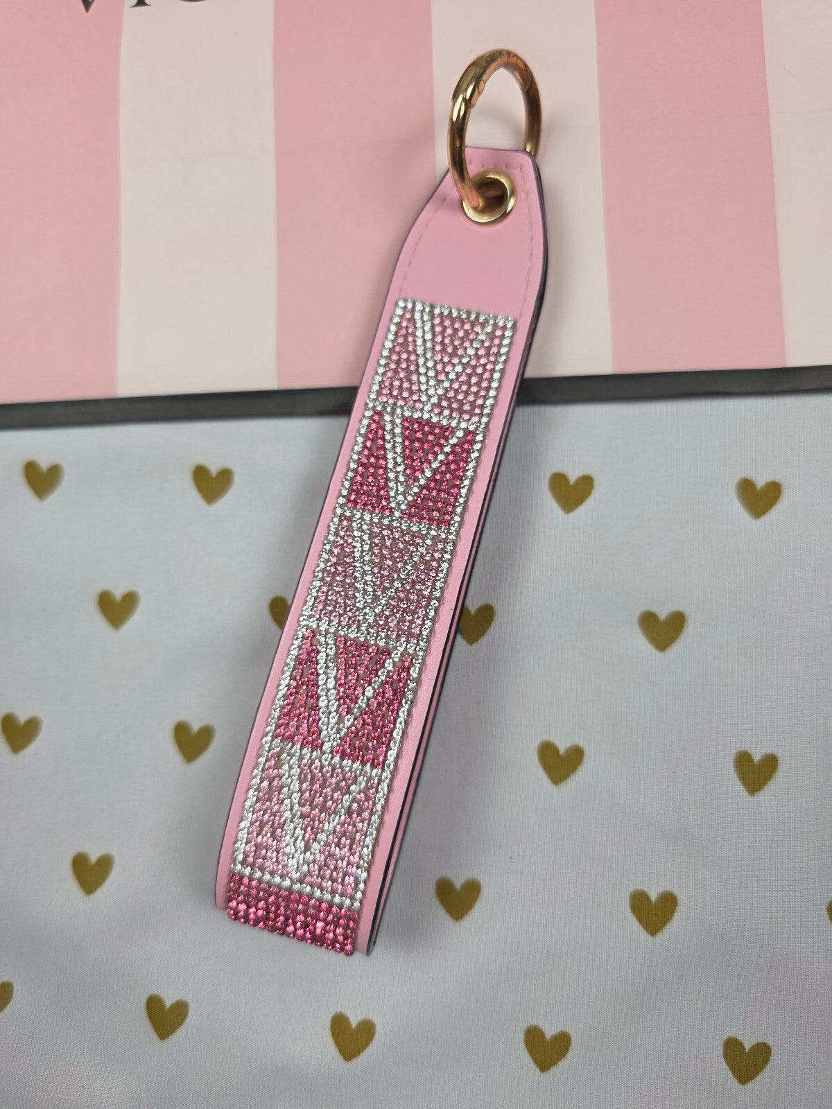 Victoria Secret BLING wristlet strap keychain Logo Studded Handle Rhinestone