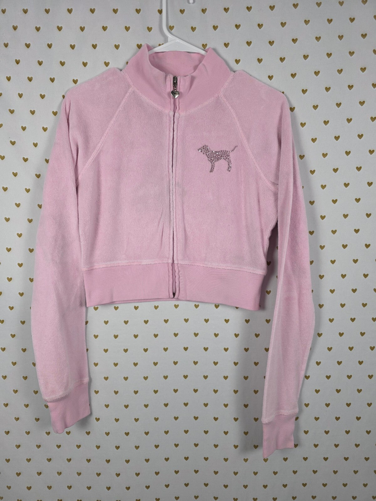 Victoria's Secret PINK Terry Crop Jacket Pink Rhinestone LOVE Full Zip MEDIUM