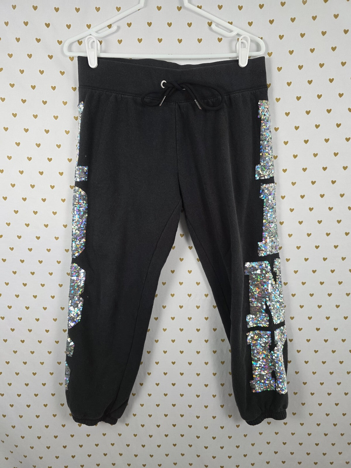 Victoria's Secret PINK Mega Bling Sweatpants M Sequin 1986 Black Joggers HTF