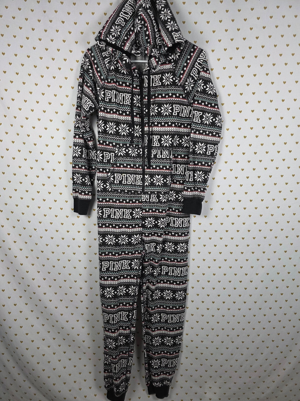 PINK Victoria's Secret XS Sherpa Lined Hooded One Piece Pajamas Fair Isle