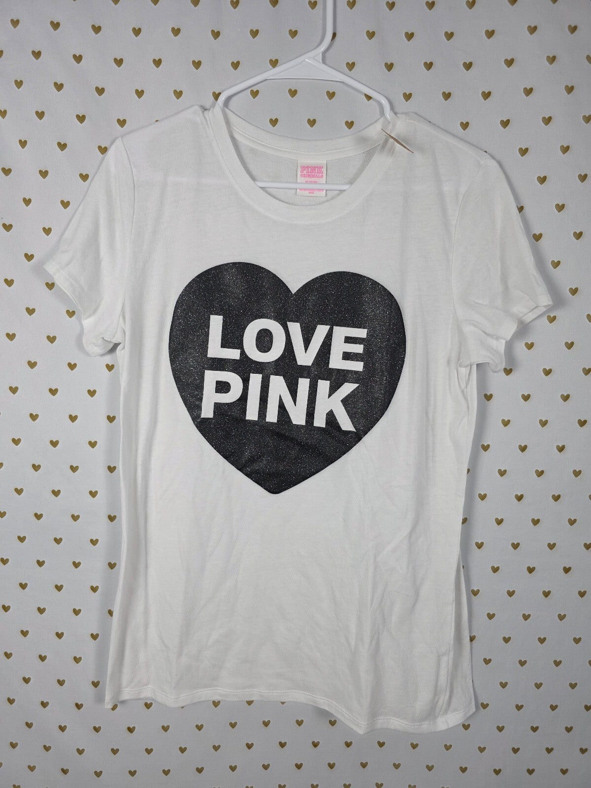 Victorias Secret  PINK NEW NWT Love Glitter Heart Tee shirt White MEDIUM