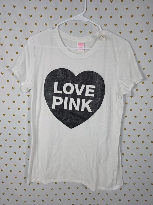 Victorias Secret  PINK NEW NWT Love Glitter Heart Tee shirt White MEDIUM