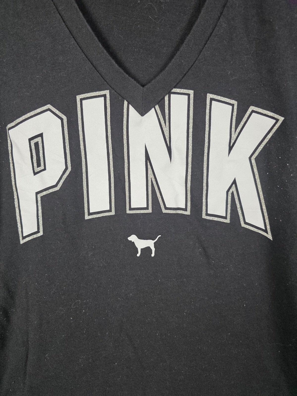 Victorias Secret PINK Glitter Logo V neck Black tee shirt LARGE