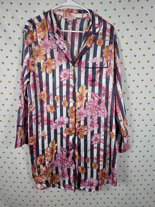 Victorias Secret Satin Floral Sleep Shirt Nightgown Button Front Pajama Dress M