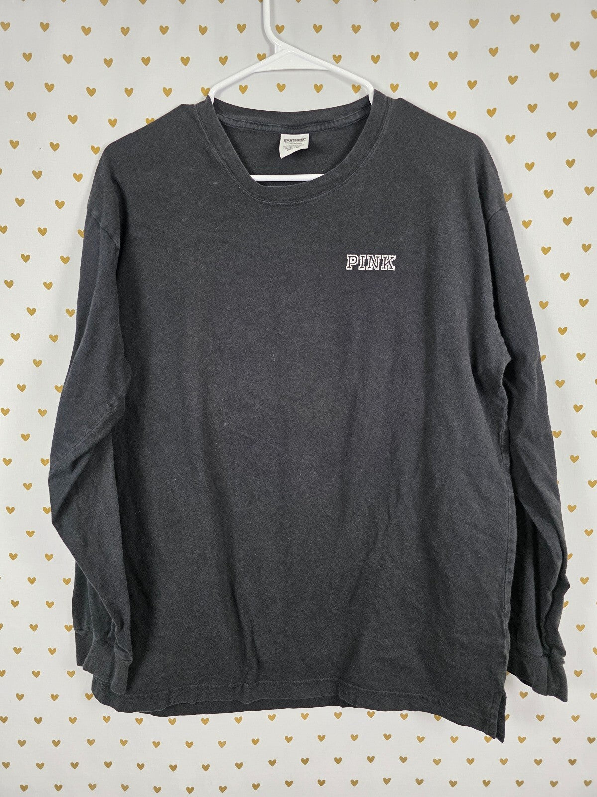 Victorias Secret PINK Black Long sleeve Bling Logo tee shirt Large