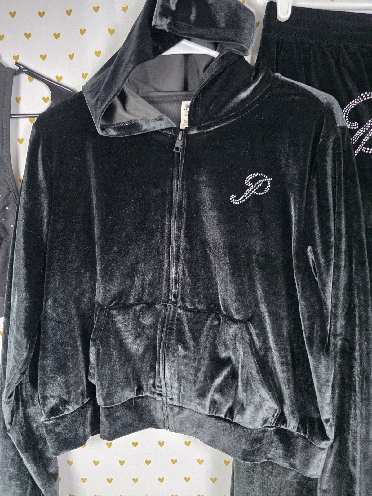 VS PINK Black Velour Rhinestone BLING 3 Piece Tracksuit Set XL Y2K
