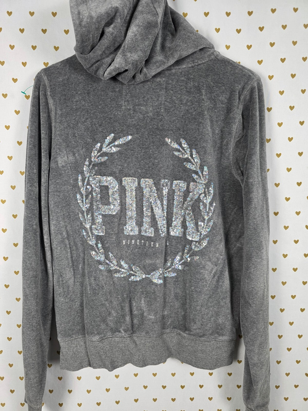 Victorias Secret Pink VELOUR BLING Sequined Crest Full Zip Hooded Jacket LARGE