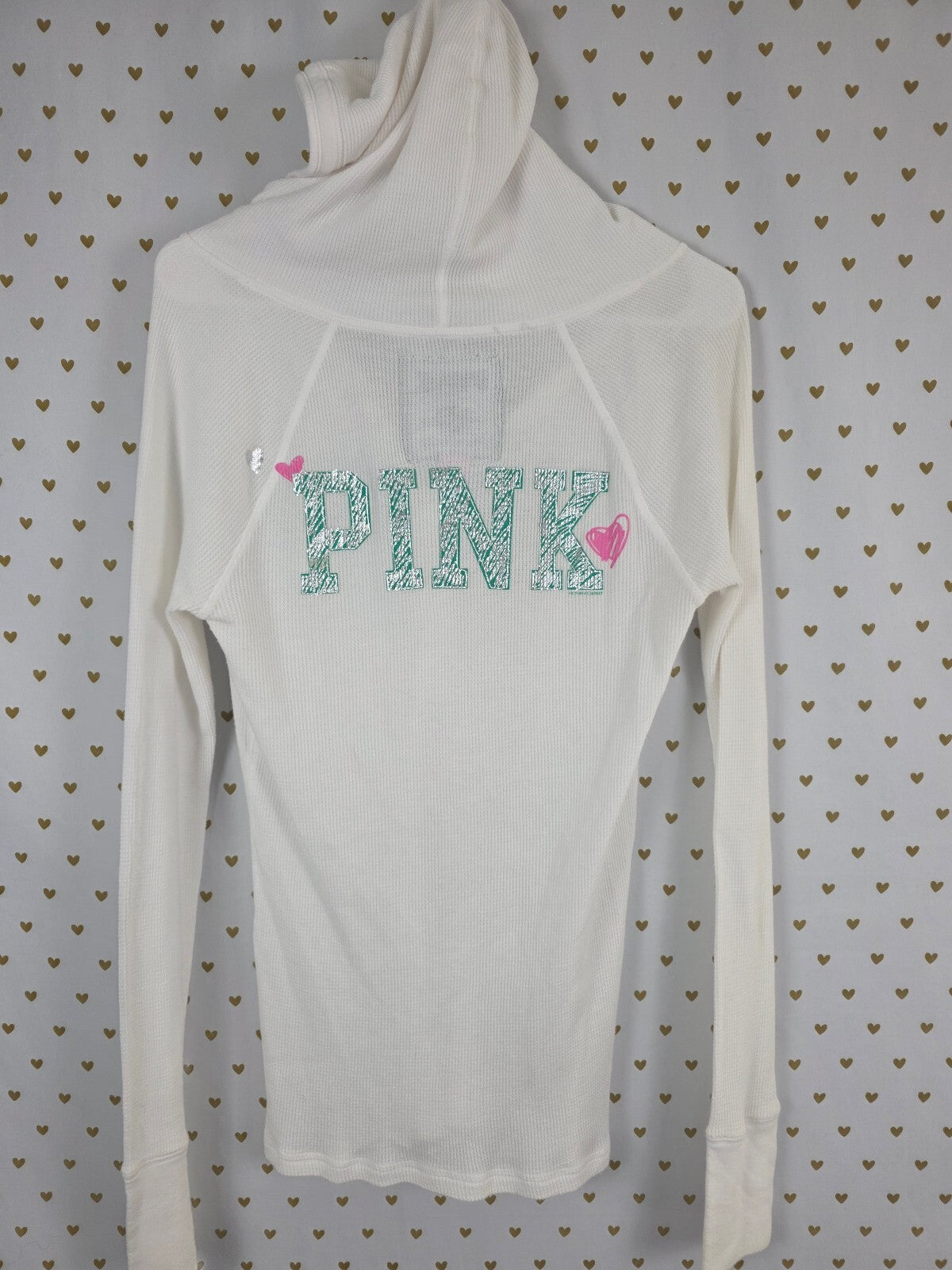 Victoria's Secret PINK Vintage Y2K Thermal Hoodie Bling Heart White Green Henley