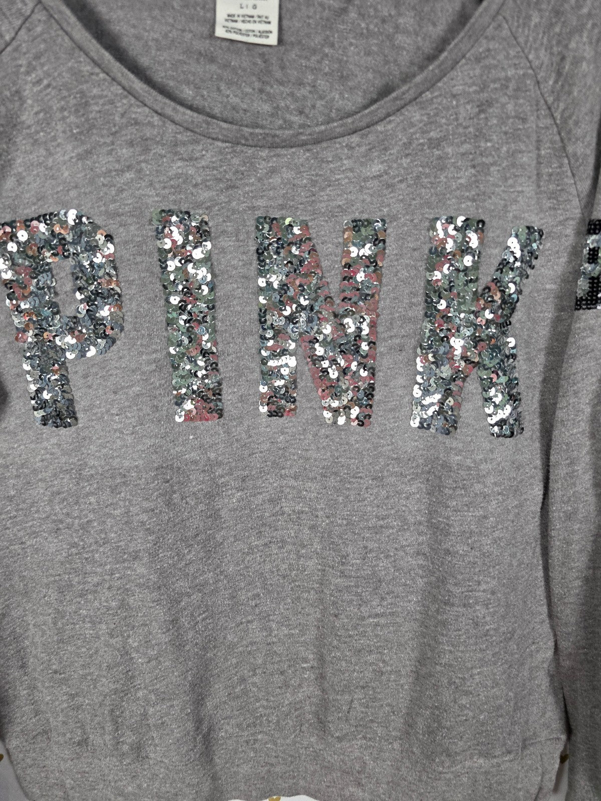 Victorias Secret PINK BLING logo Long sleeve Shirt Grey LARGE