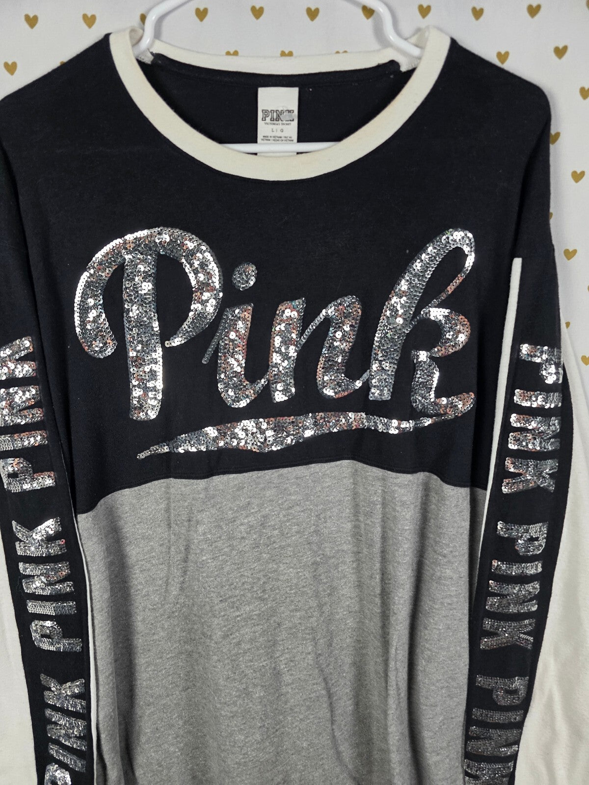 Victorias Secret PINK BLING Colorblock Logo Tee shirt Sequined LARGE