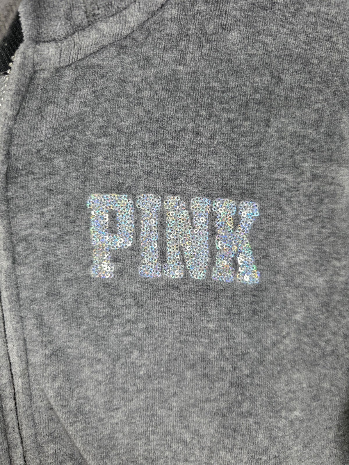 Victorias Secret Pink VELOUR BLING Sequined Crest Full Zip Hooded Jacket LARGE