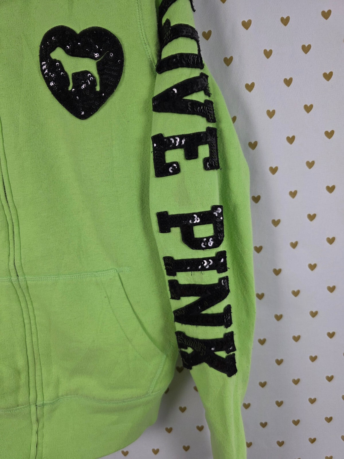 Victoria's Secret PINK Hoodie S Green Sequin LOVE PINK Faux Fur Full Zip BLING