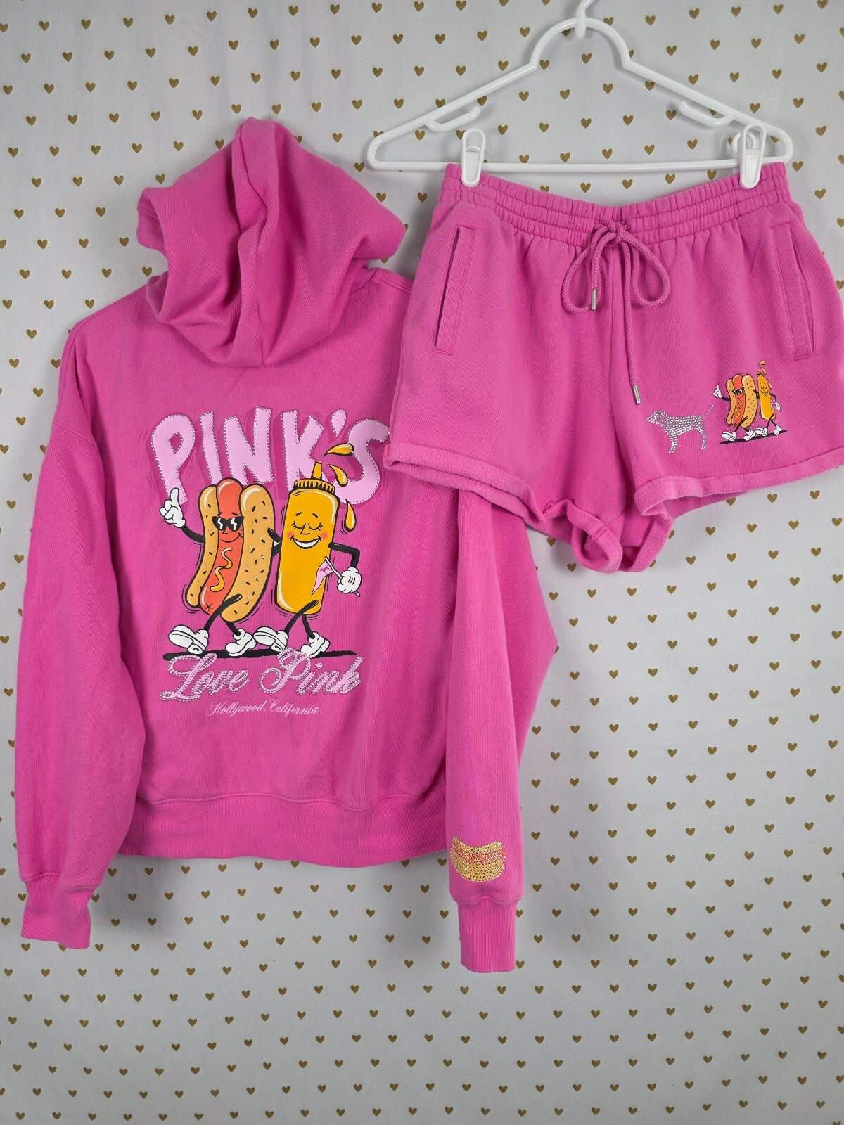 Victoria's Secret PINK Love Pink Hot Dog Rhinestone Zip Hoodie Shorts Set XS/S