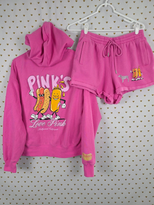 Victoria's Secret PINK Love Pink Hot Dog Rhinestone Zip Hoodie Shorts Set XS/S