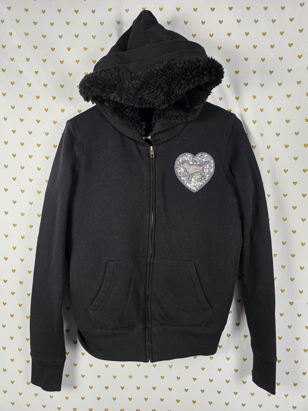 Victorias Secret Pink Fur Lined Bling Hooded Jacket Sequined Medium