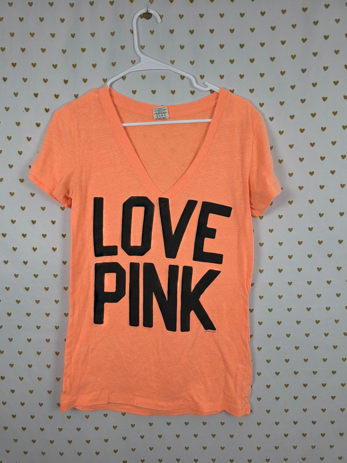 Victorias Secret PINK Neon Love Logo V neck tee shirt Y2k Large